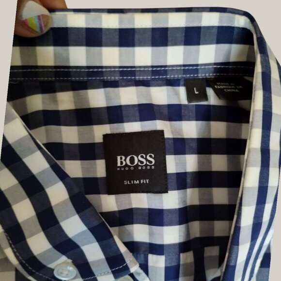 Hugo Boss Mens Slim Fit Gingham Button Down Shirt Blue/White Large - Picture 5 of 11